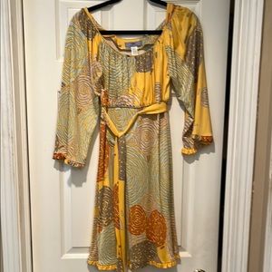 Gold Tie Front Wrap Sundress with Bell Sleeves